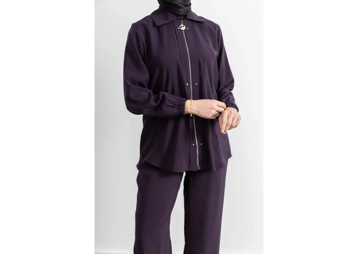 LETAFET RİVET DETAYLI FERMUARLI PANTOLONLU TAKIM - MÜRDÜM - (Asorti: M-XXL)