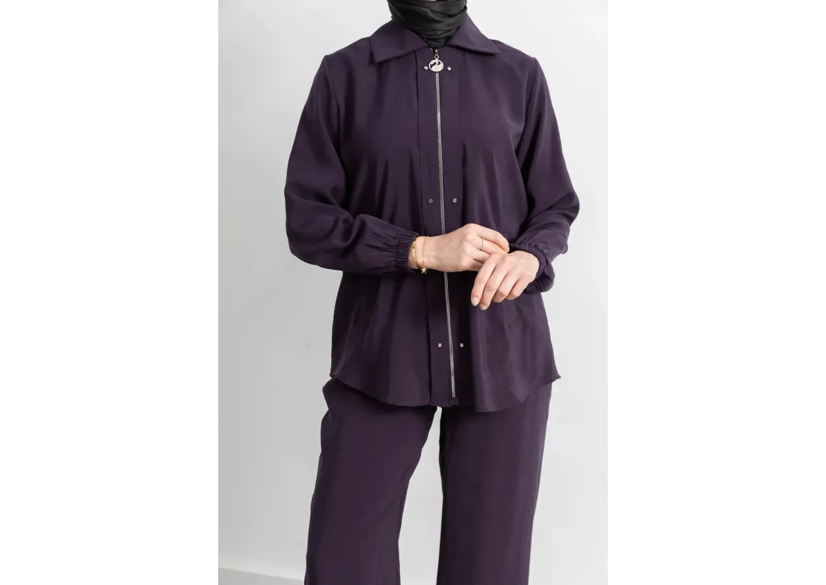 LETAFET RİVET DETAYLI FERMUARLI PANTOLONLU TAKIM - MÜRDÜM - (Asorti: M-XXL)