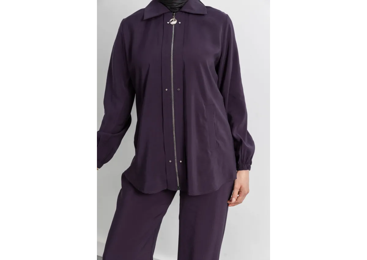 LETAFET RİVET DETAYLI FERMUARLI PANTOLONLU TAKIM - MÜRDÜM - (Asorti: M-XXL)