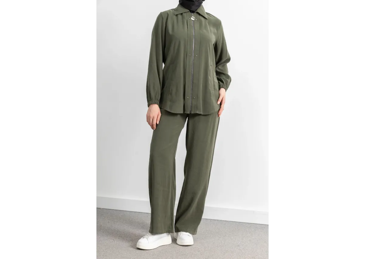 LETAFET RİVET DETAYLI FERMUARLI PANTOLONLU TAKIM - HAKİ - (Asorti: M-XXL)