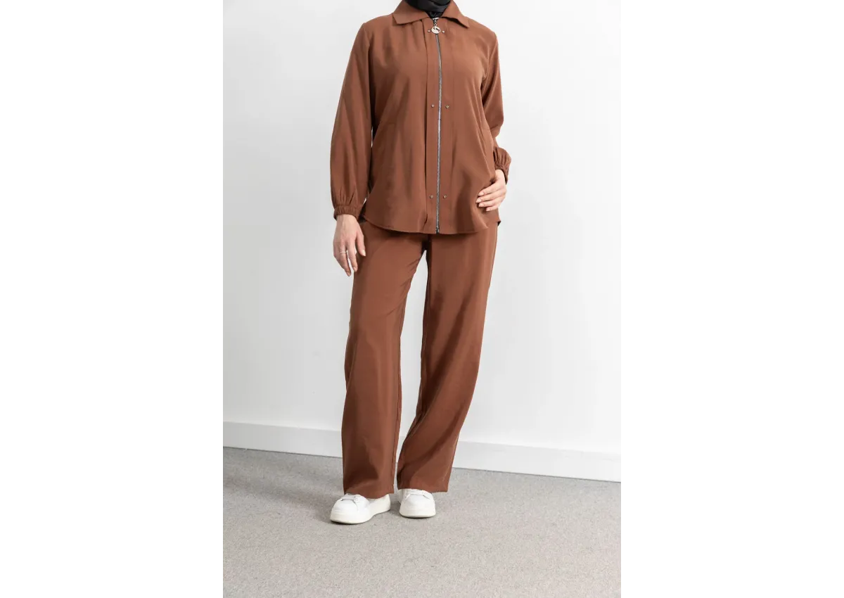 LETAFET RİVET DETAYLI FERMUARLI PANTOLONLU TAKIM - TABA - (Asorti: M-XXL)