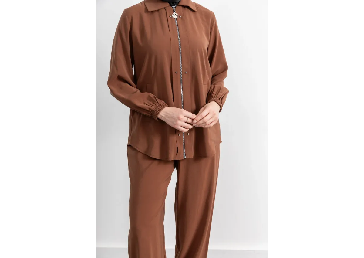 LETAFET RİVET DETAYLI FERMUARLI PANTOLONLU TAKIM - TABA - (Asorti: M-XXL)