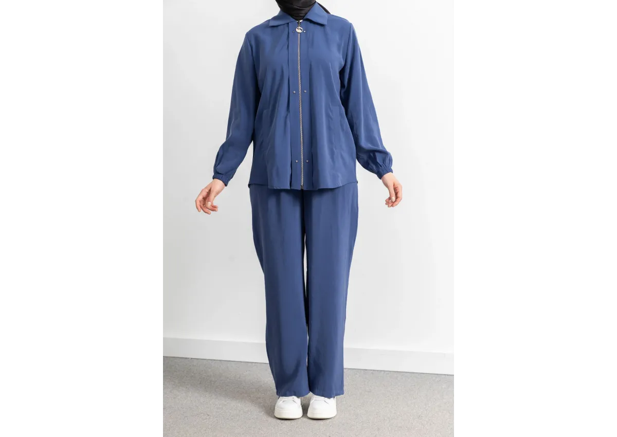 LETAFET RİVET DETAYLI FERMUARLI PANTOLONLU TAKIM - İNDİGO - (Asorti: M-XXL)