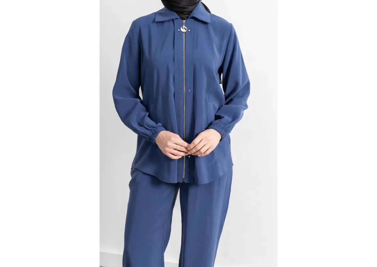 LETAFET RİVET DETAYLI FERMUARLI PANTOLONLU TAKIM - İNDİGO - (Asorti: M-XXL)