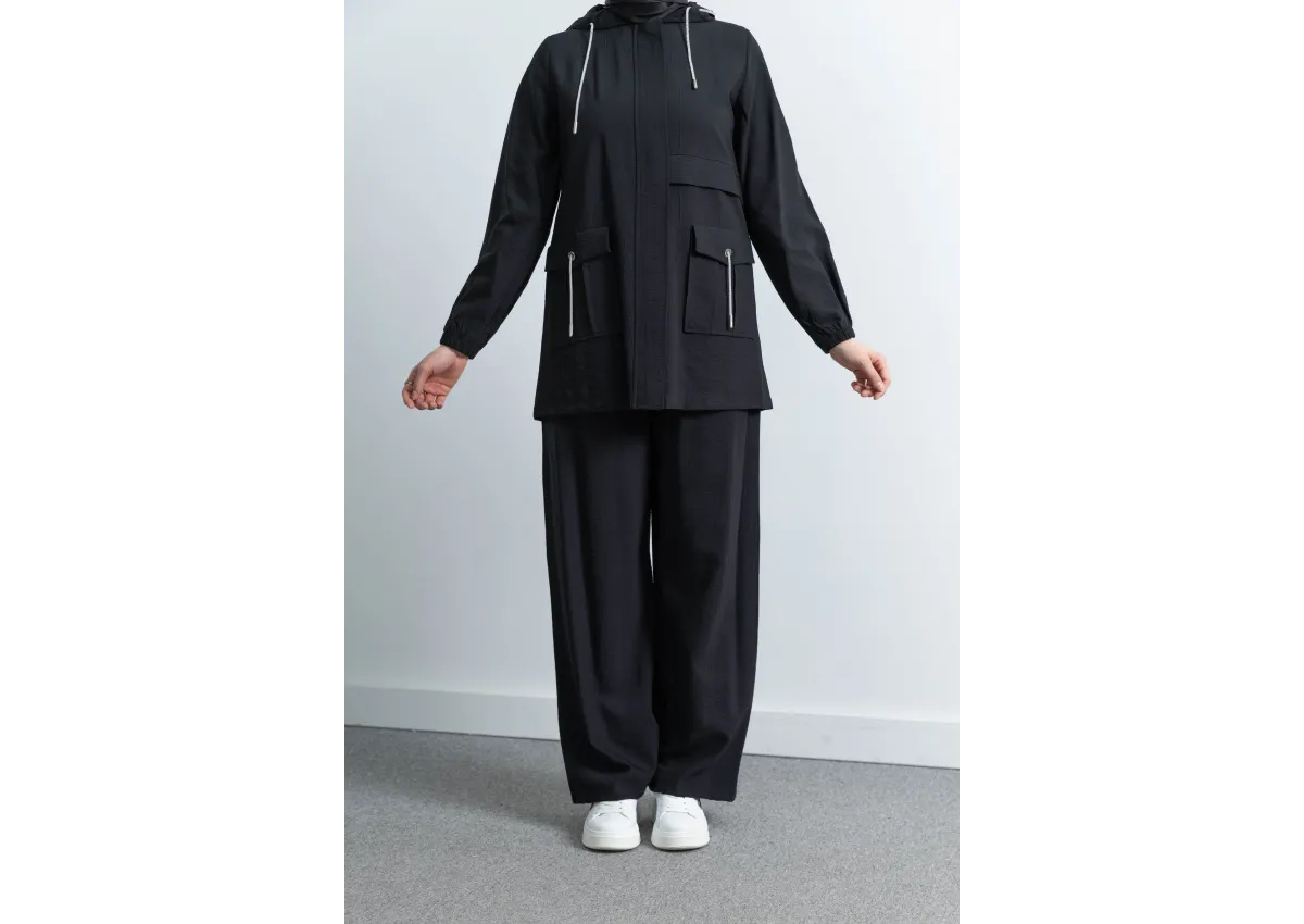 Letafet Cep Detaylı Pantolonlu Takım - SİYAH - (Asorti: M-XXL)