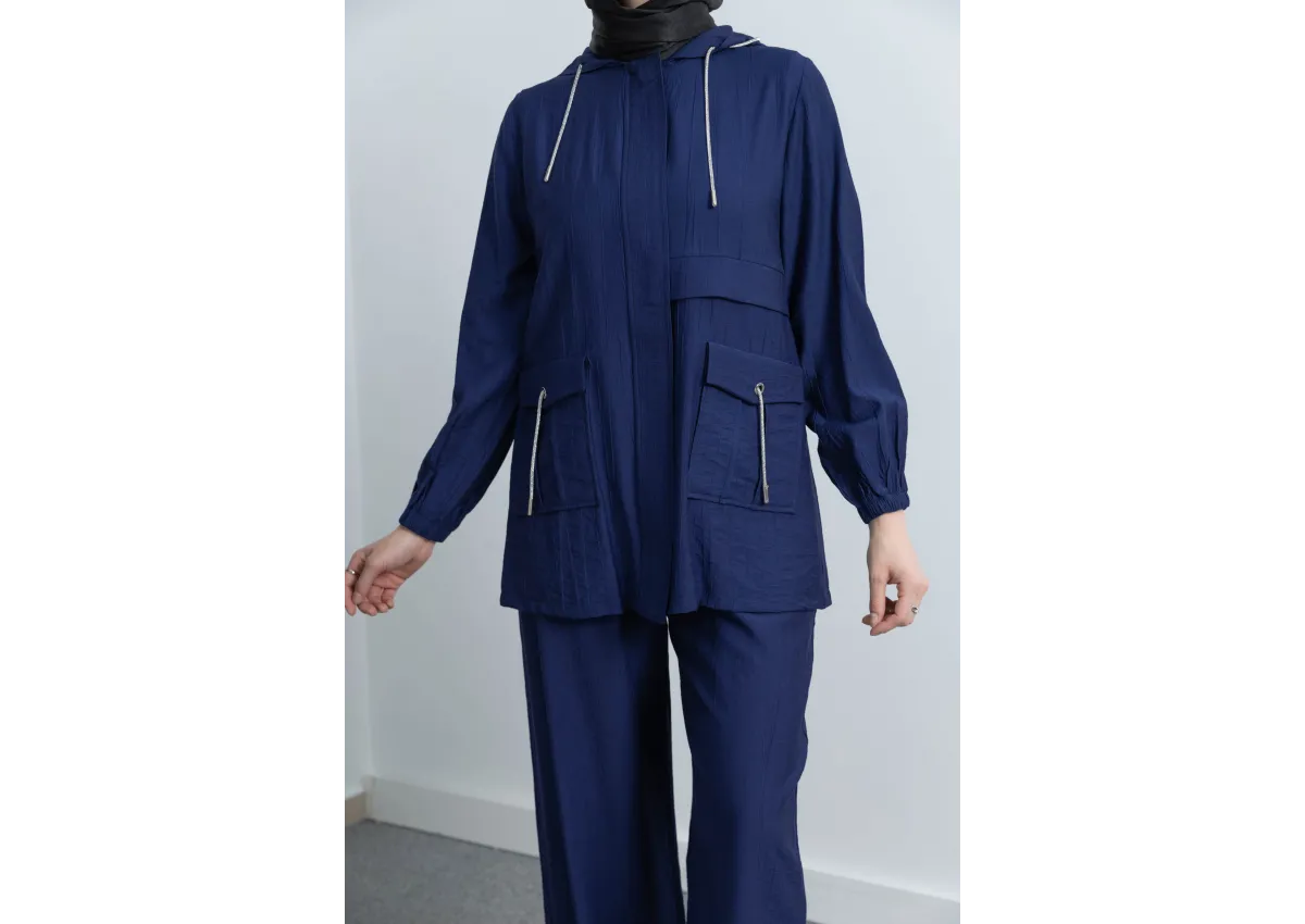 Letafet Cep Detaylı Pantolonlu Takım - LACİVERT - (Asorti: M-XXL)