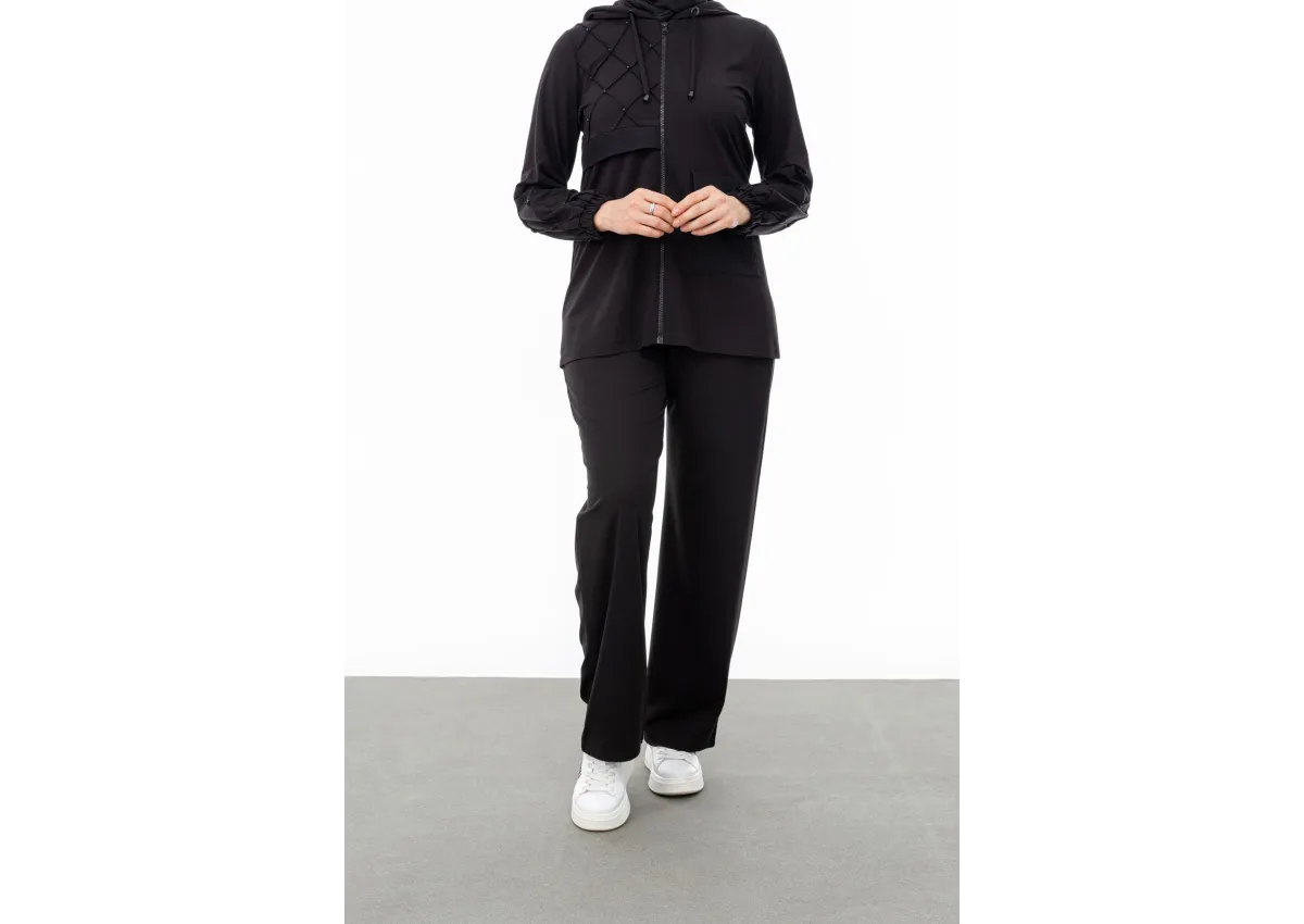 NERVÜR DETAYLI İNCİ PANT. TAKIM - SİYAH - (Asorti: M-XXL)