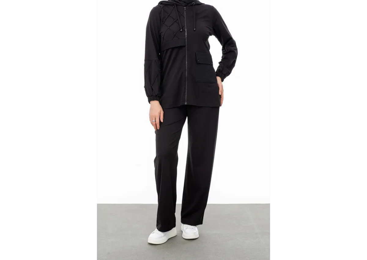 NERVÜR DETAYLI İNCİ PANT. TAKIM - SİYAH - (Asorti: M-XXL)