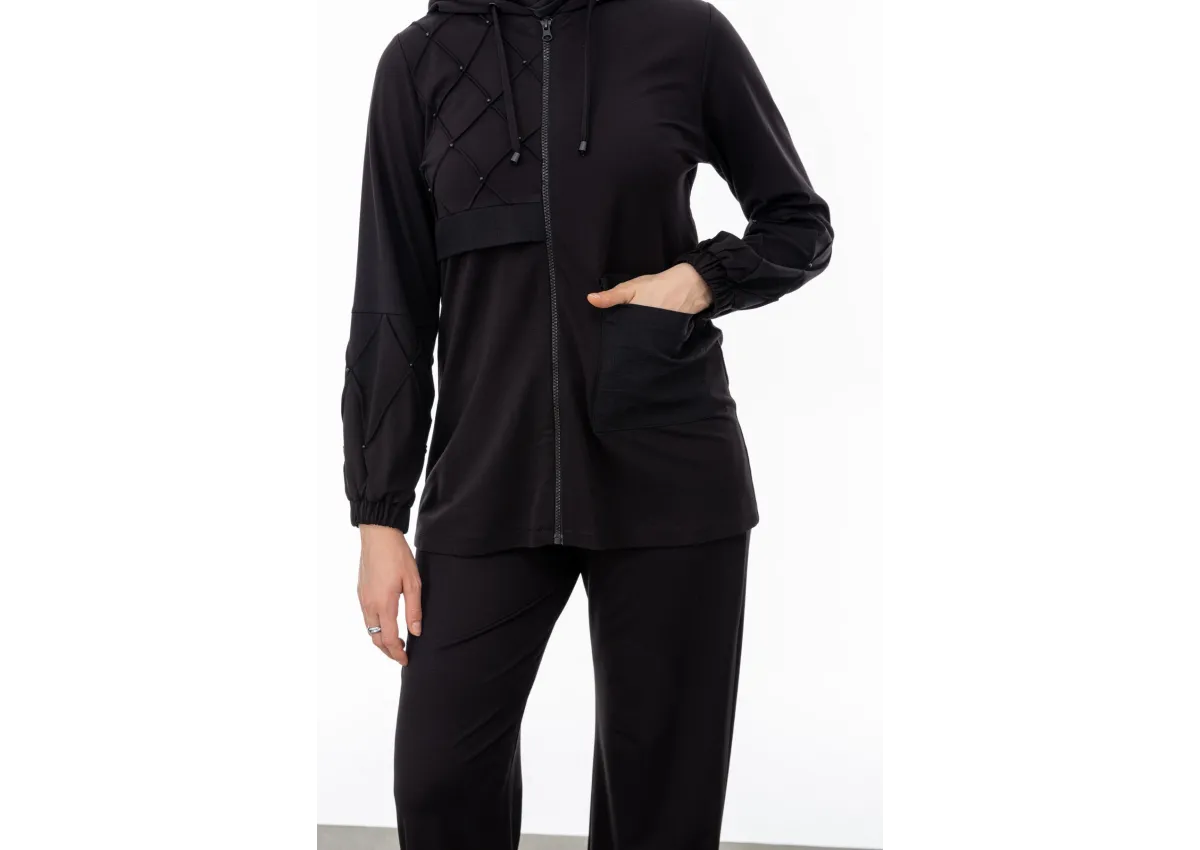 NERVÜR DETAYLI İNCİ PANT. TAKIM - SİYAH - (Asorti: M-XXL)