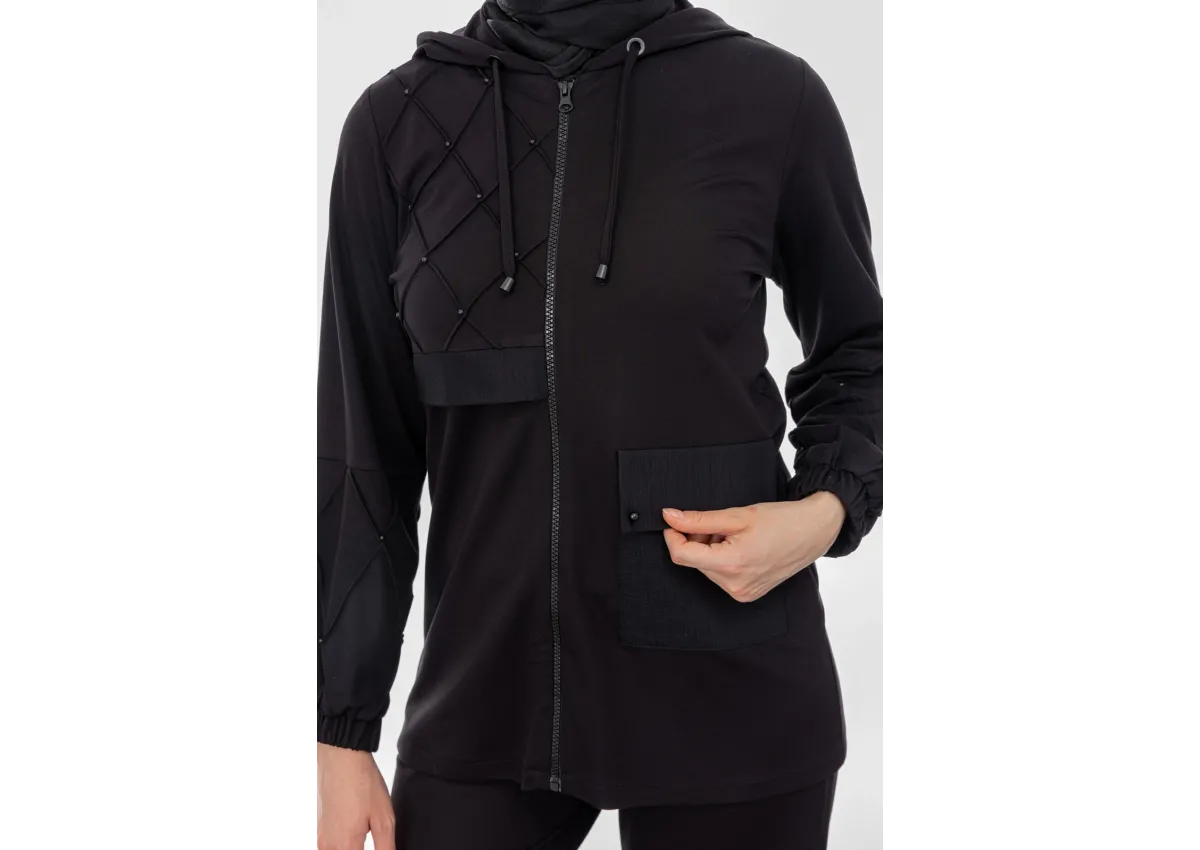 NERVÜR DETAYLI İNCİ PANT. TAKIM - SİYAH - (Asorti: M-XXL)