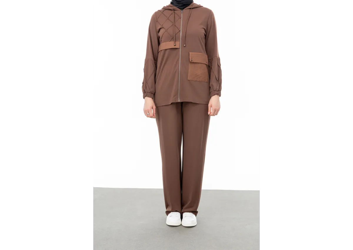 NERVÜR DETAYLI İNCİ PANT. TAKIM - KAHVE - (Asorti: M-XXL)