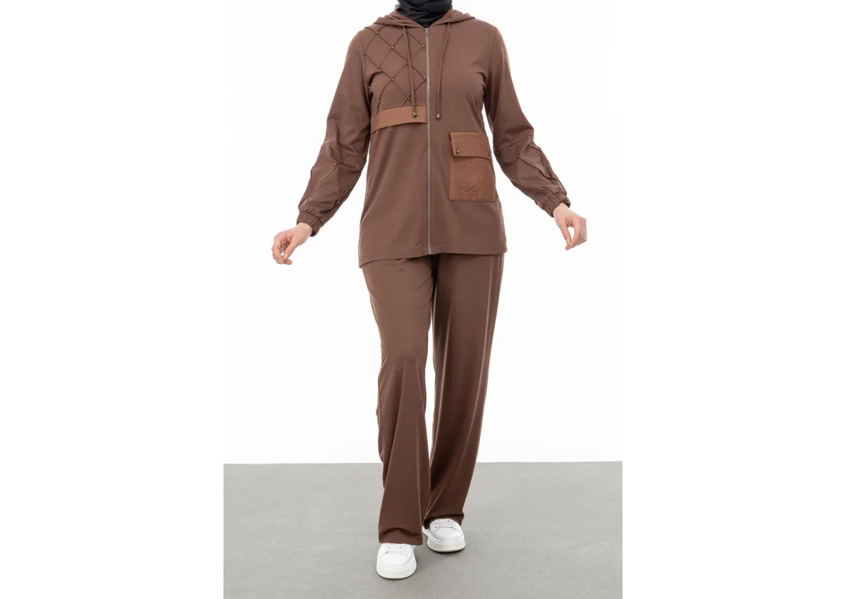NERVÜR DETAYLI İNCİ PANT. TAKIM - KAHVE - (Asorti: M-XXL)