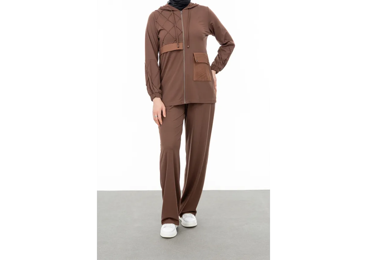 NERVÜR DETAYLI İNCİ PANT. TAKIM - KAHVE - (Asorti: M-XXL)