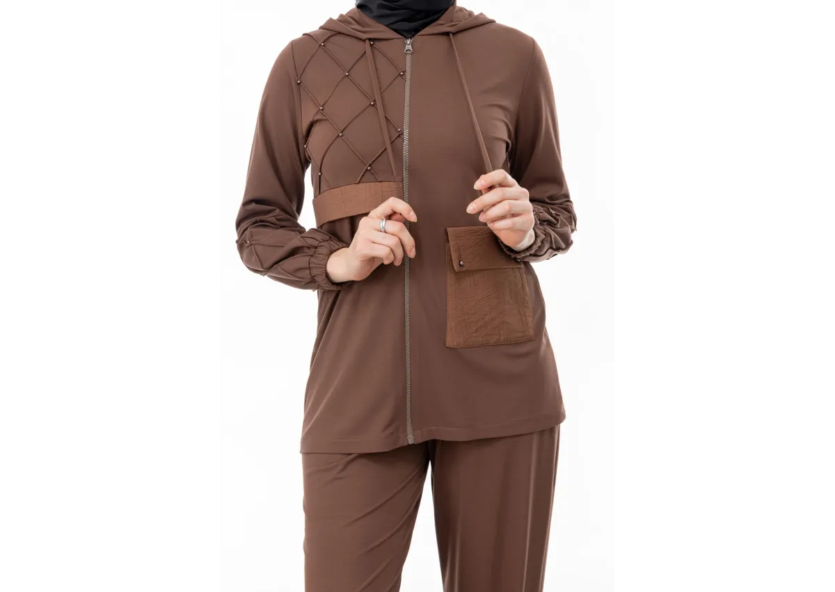 NERVÜR DETAYLI İNCİ PANT. TAKIM - KAHVE - (Asorti: M-XXL)