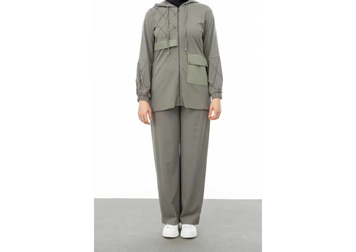 NERVÜR DETAYLI İNCİ PANT. TAKIM - KOYU HAKİ - (Asorti: M-XXL)