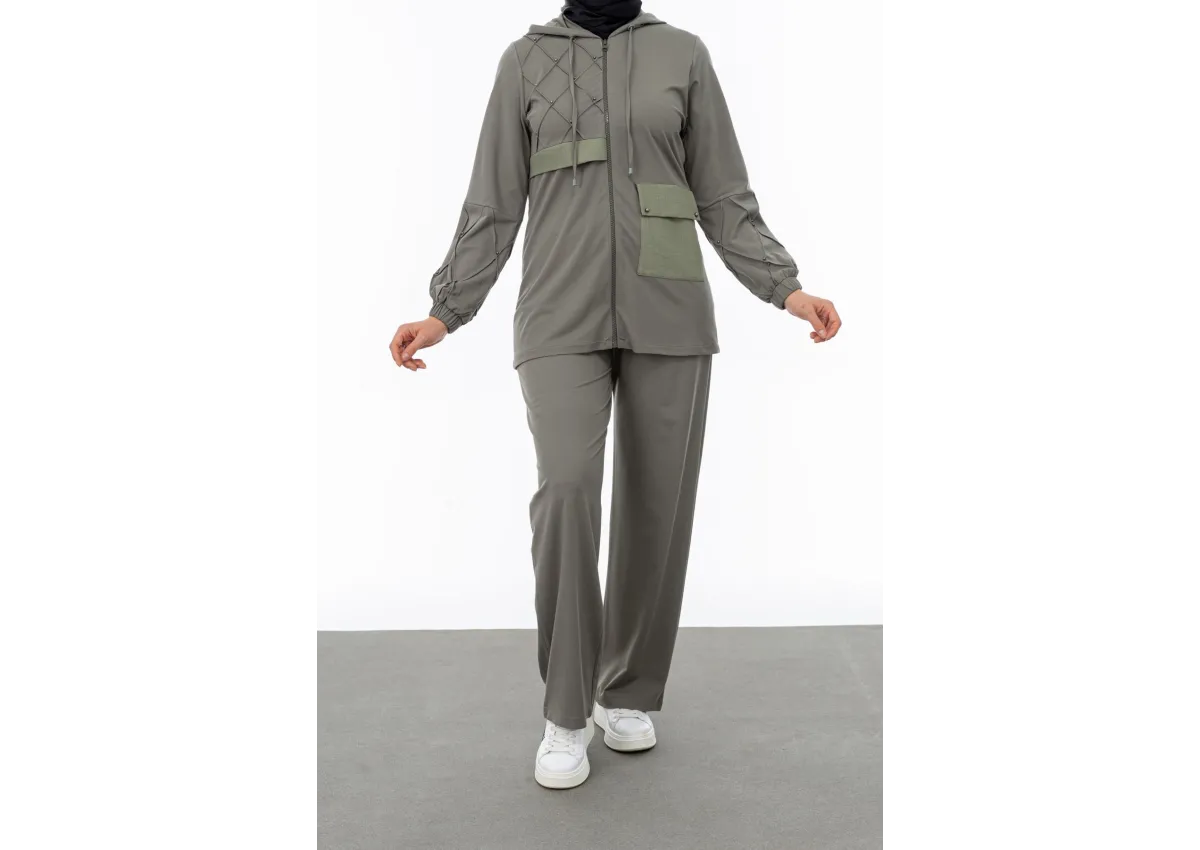 NERVÜR DETAYLI İNCİ PANT. TAKIM - KOYU HAKİ - (Asorti: M-XXL)