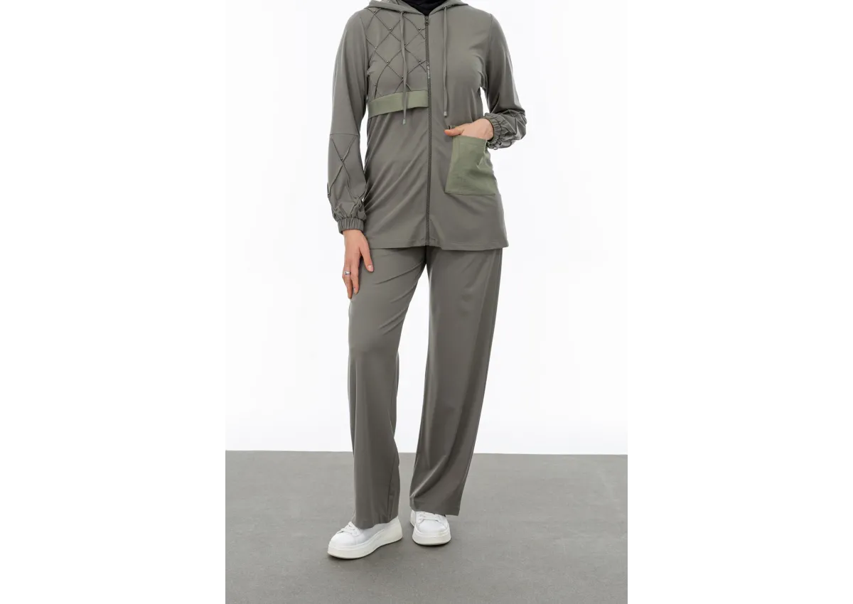 NERVÜR DETAYLI İNCİ PANT. TAKIM - KOYU HAKİ - (Asorti: M-XXL)