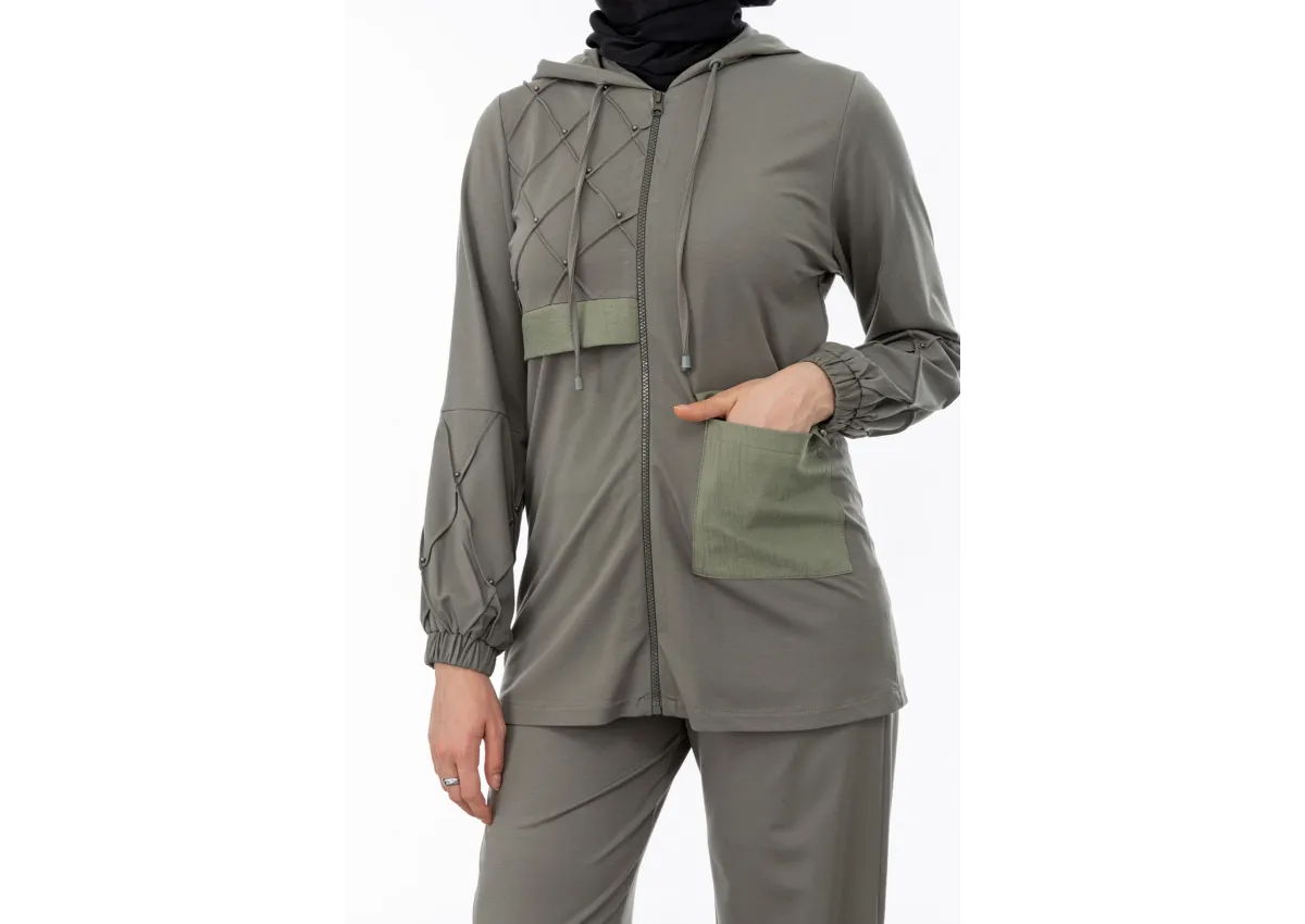 NERVÜR DETAYLI İNCİ PANT. TAKIM - KOYU HAKİ - (Asorti: M-XXL)