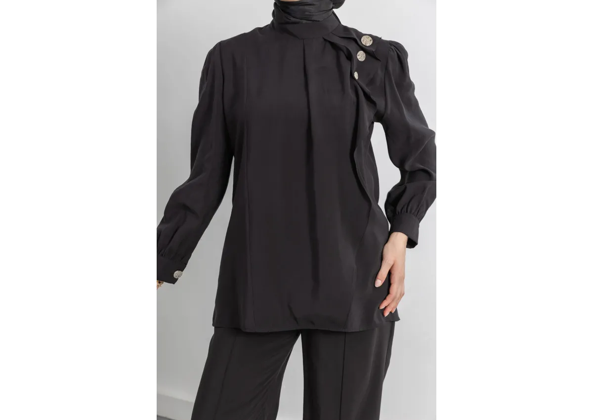 LETAFET ÖNÜ VOLAN DETAYLI PANTOLONLU TAKIM - SİYAH - (Asorti: M-XXL)