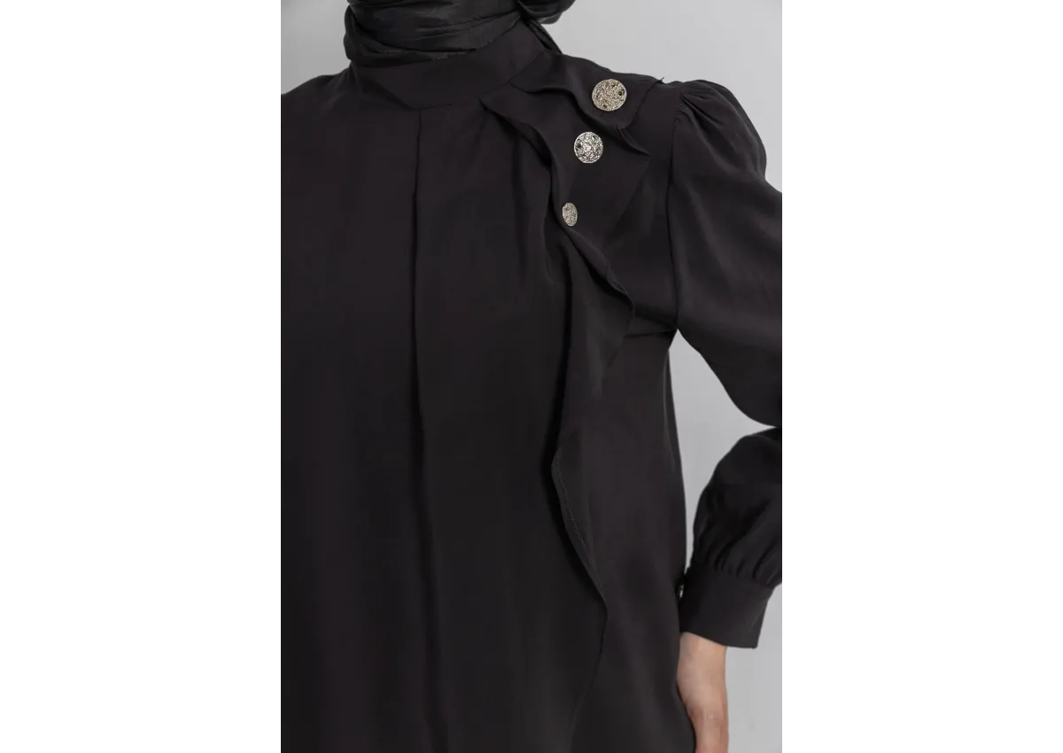 LETAFET ÖNÜ VOLAN DETAYLI PANTOLONLU TAKIM - SİYAH - (Asorti: M-XXL)