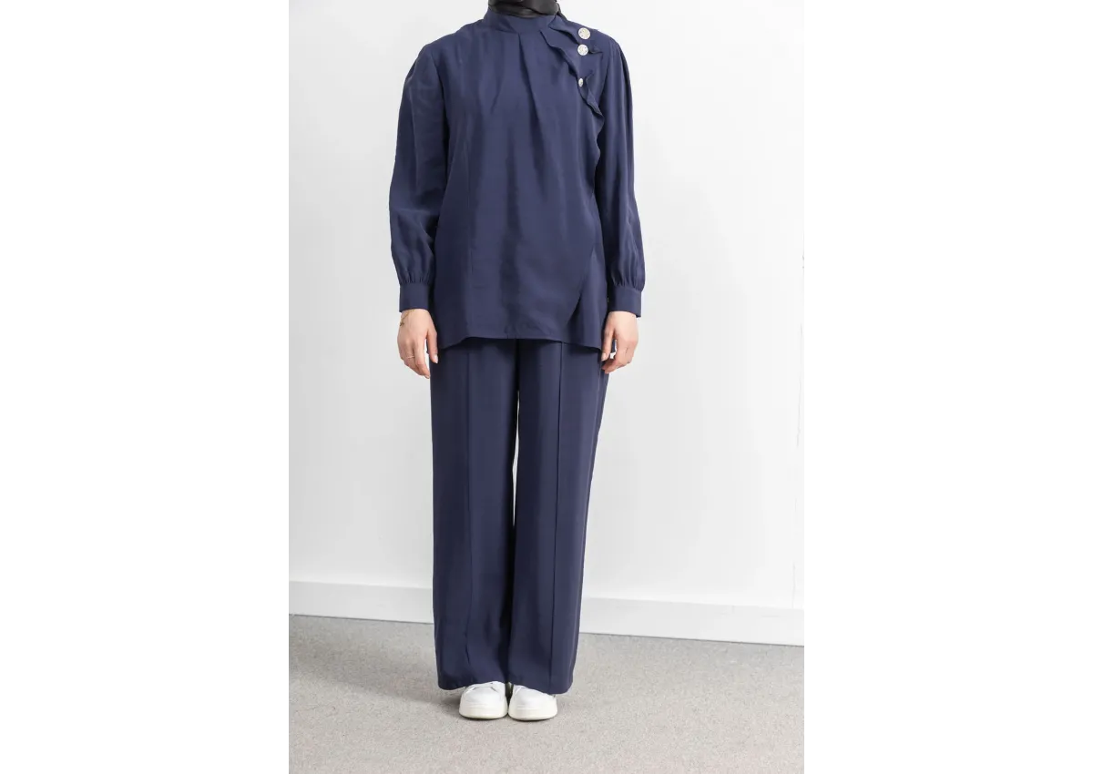 LETAFET ÖNÜ VOLAN DETAYLI PANTOLONLU TAKIM - LACİVERT - (Asorti: M-XXL)