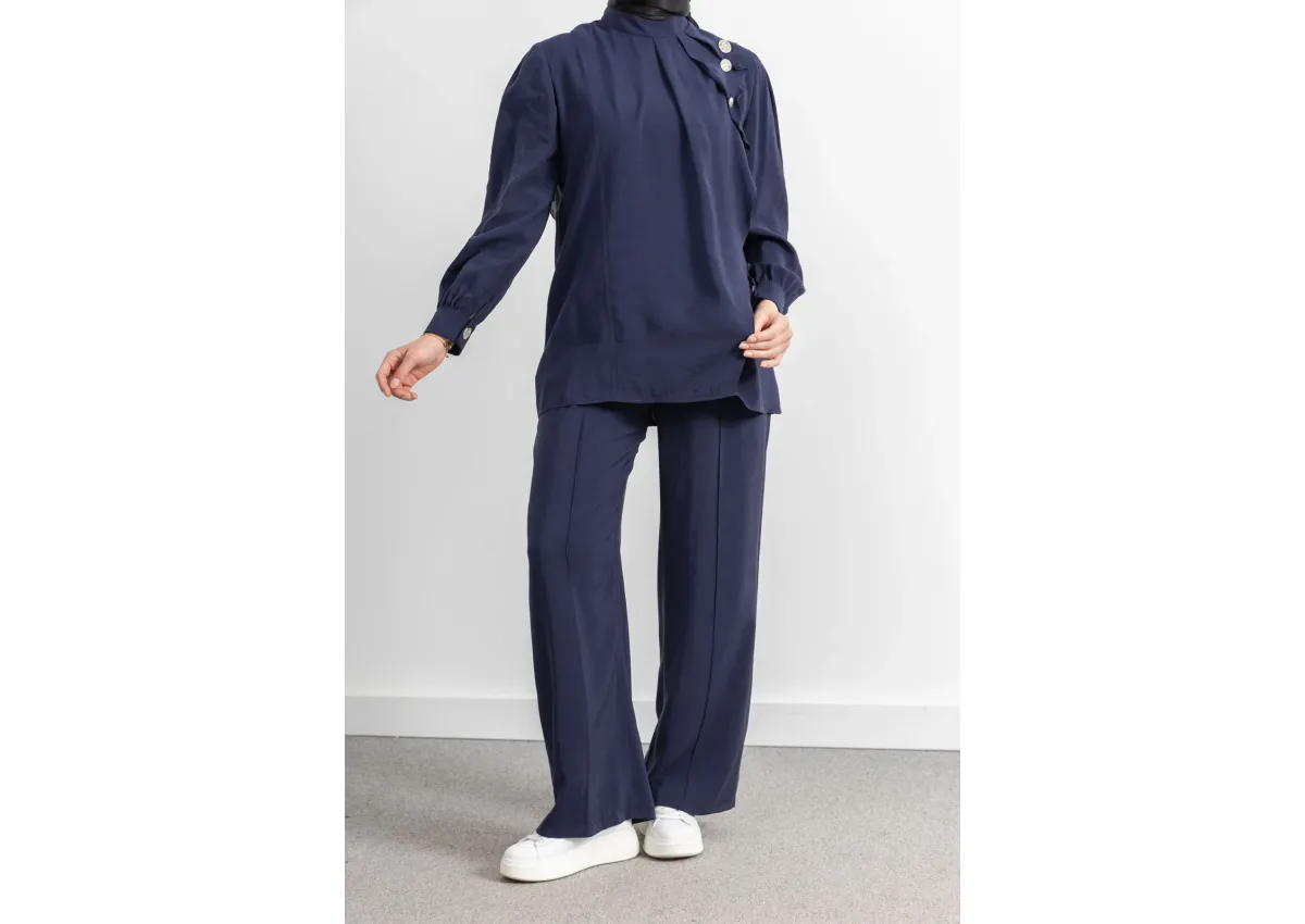 LETAFET ÖNÜ VOLAN DETAYLI PANTOLONLU TAKIM - LACİVERT - (Asorti: M-XXL)