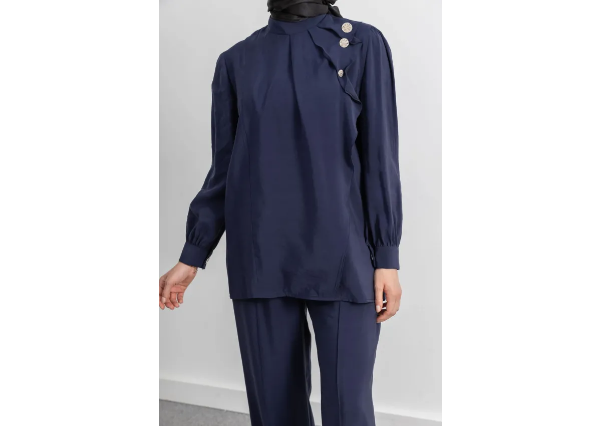 LETAFET ÖNÜ VOLAN DETAYLI PANTOLONLU TAKIM - LACİVERT - (Asorti: M-XXL)