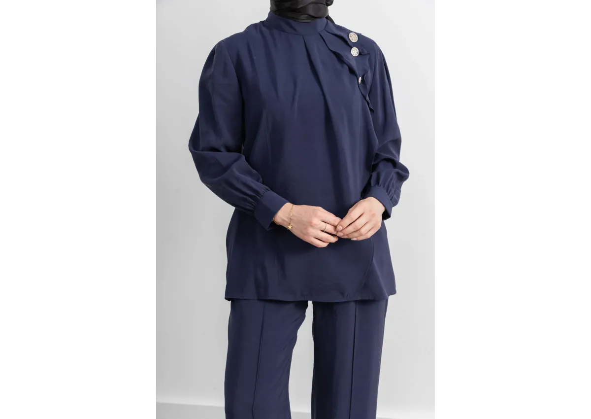 LETAFET ÖNÜ VOLAN DETAYLI PANTOLONLU TAKIM - LACİVERT - (Asorti: M-XXL)