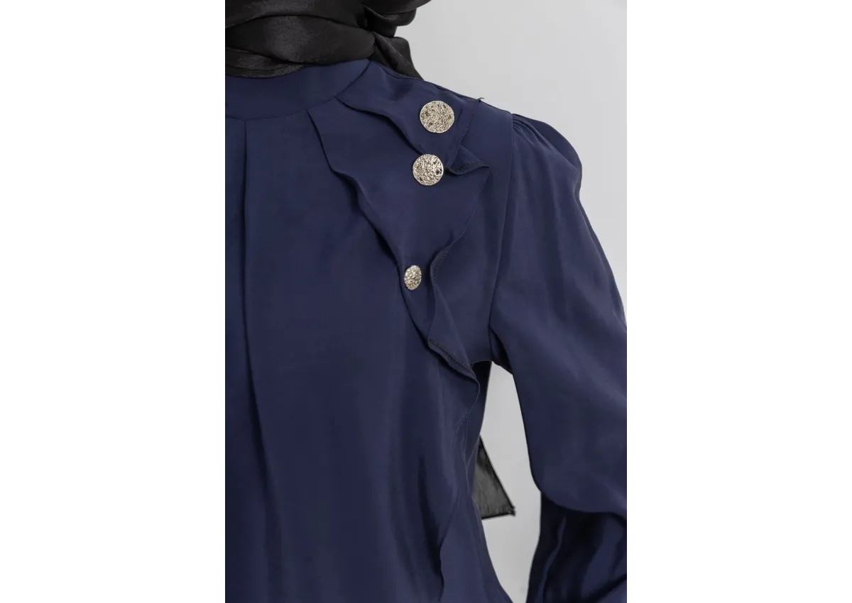 LETAFET ÖNÜ VOLAN DETAYLI PANTOLONLU TAKIM - LACİVERT - (Asorti: M-XXL)