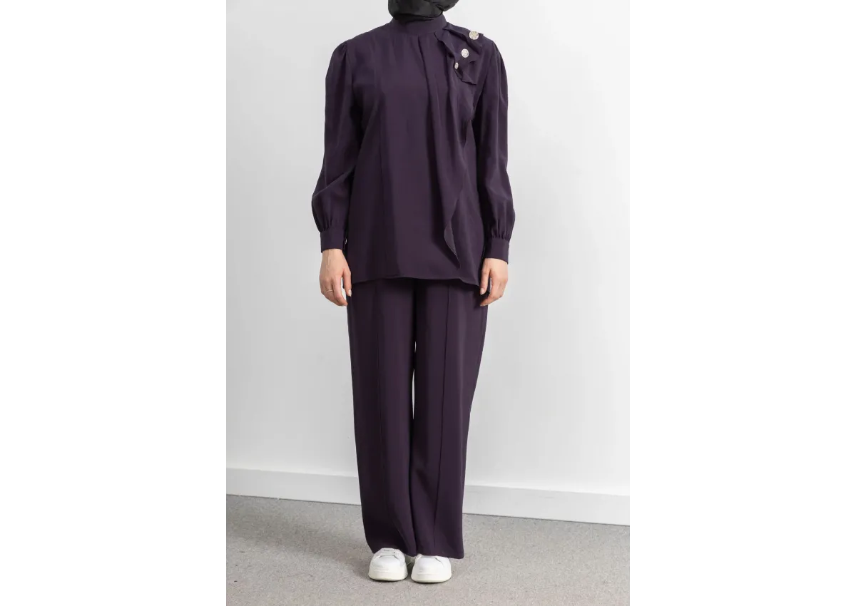 LETAFET ÖNÜ VOLAN DETAYLI PANTOLONLU TAKIM - MÜRDÜM - (Asorti: M-XXL)