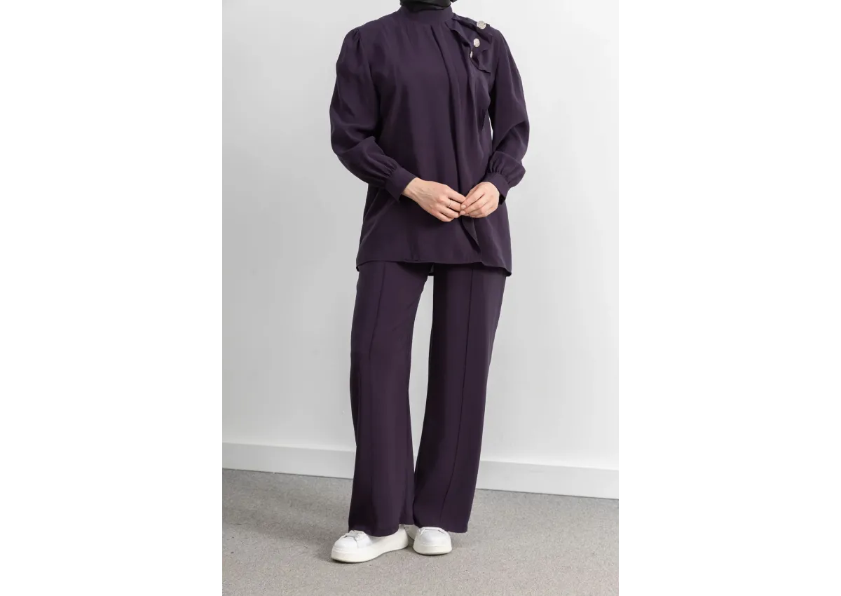 LETAFET ÖNÜ VOLAN DETAYLI PANTOLONLU TAKIM - MÜRDÜM - (Asorti: M-XXL)