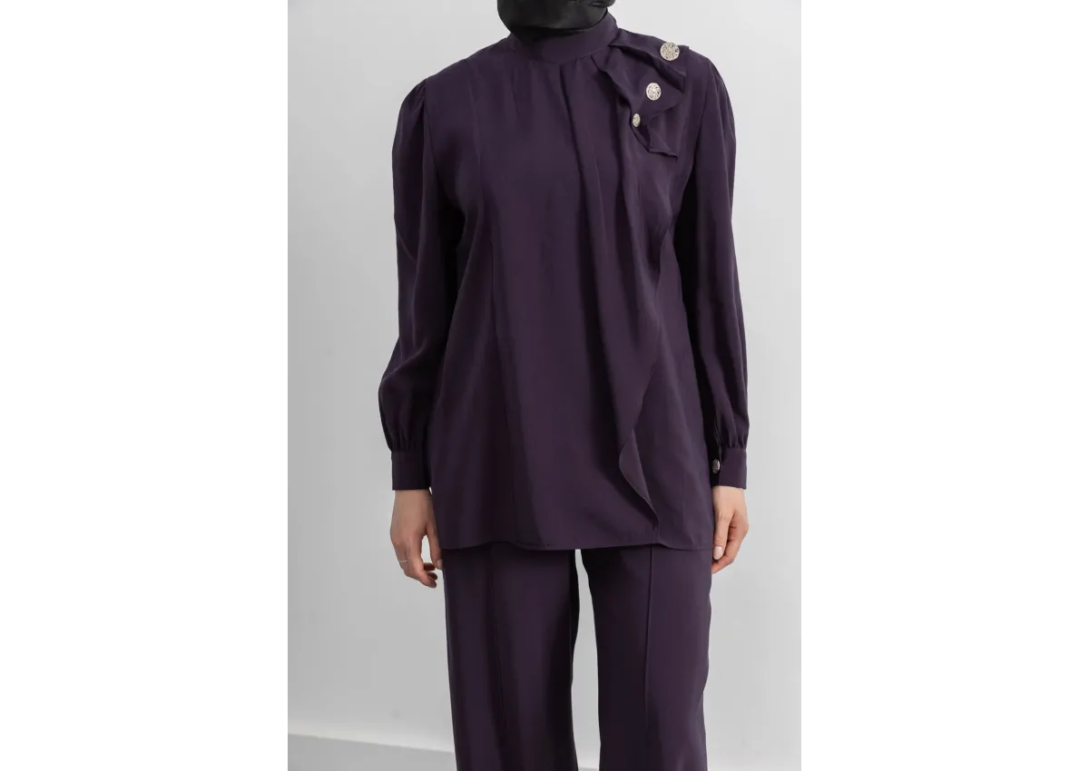 LETAFET ÖNÜ VOLAN DETAYLI PANTOLONLU TAKIM - MÜRDÜM - (Asorti: M-XXL)