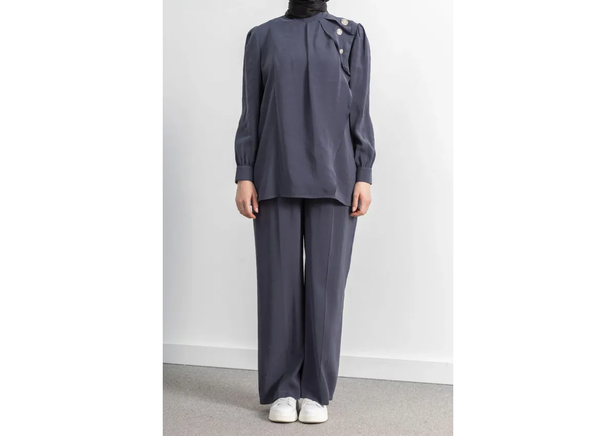 LETAFET ÖNÜ VOLAN DETAYLI PANTOLONLU TAKIM - ANTRASİT - (Asorti: M-XXL)