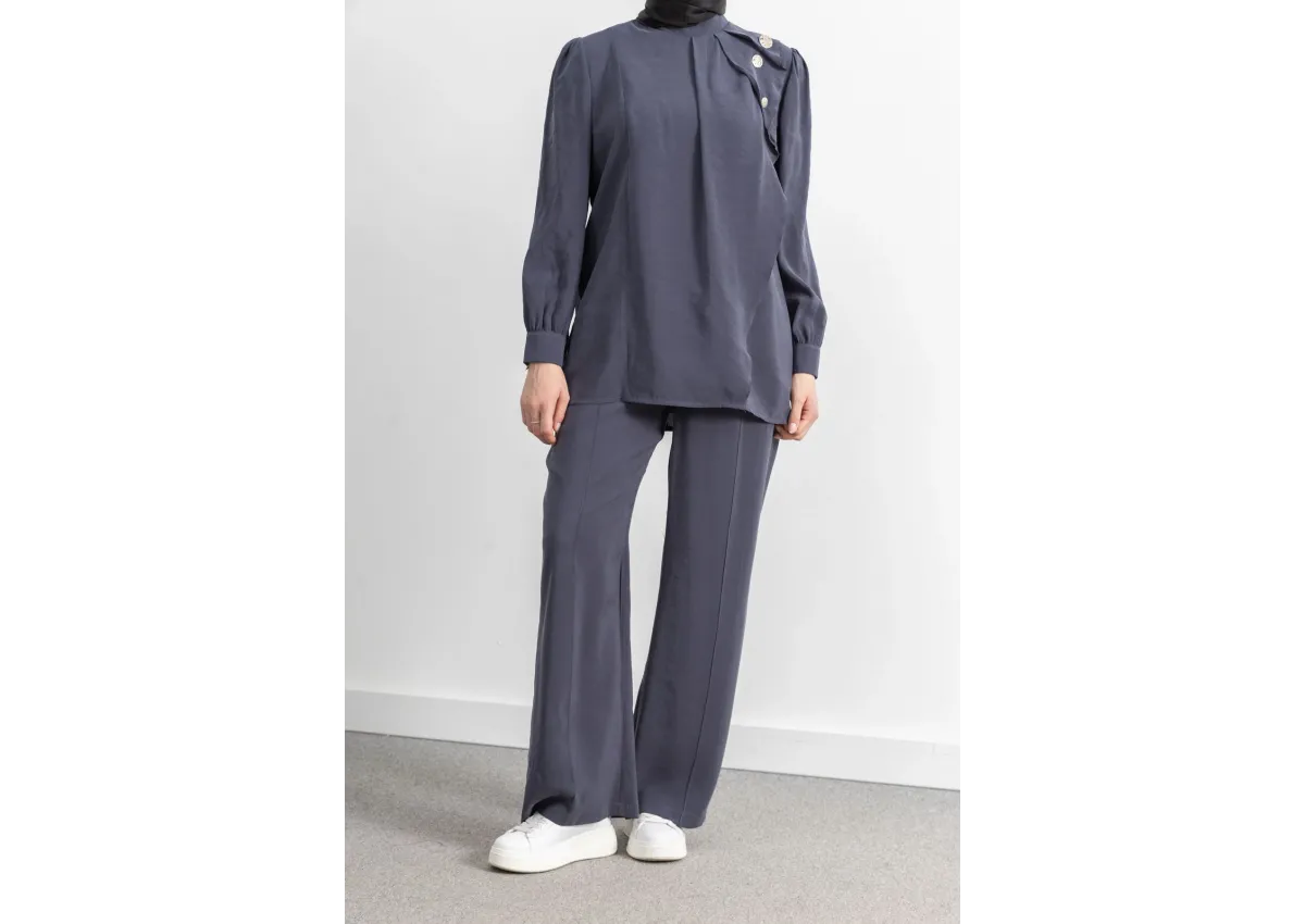 LETAFET ÖNÜ VOLAN DETAYLI PANTOLONLU TAKIM - ANTRASİT - (Asorti: M-XXL)