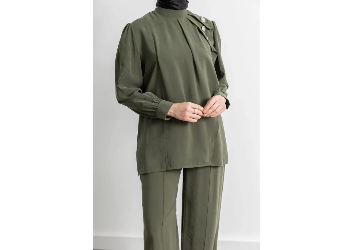 LETAFET ÖNÜ VOLAN DETAYLI PANTOLONLU TAKIM - HAKİ - (Asorti: M-XXL)