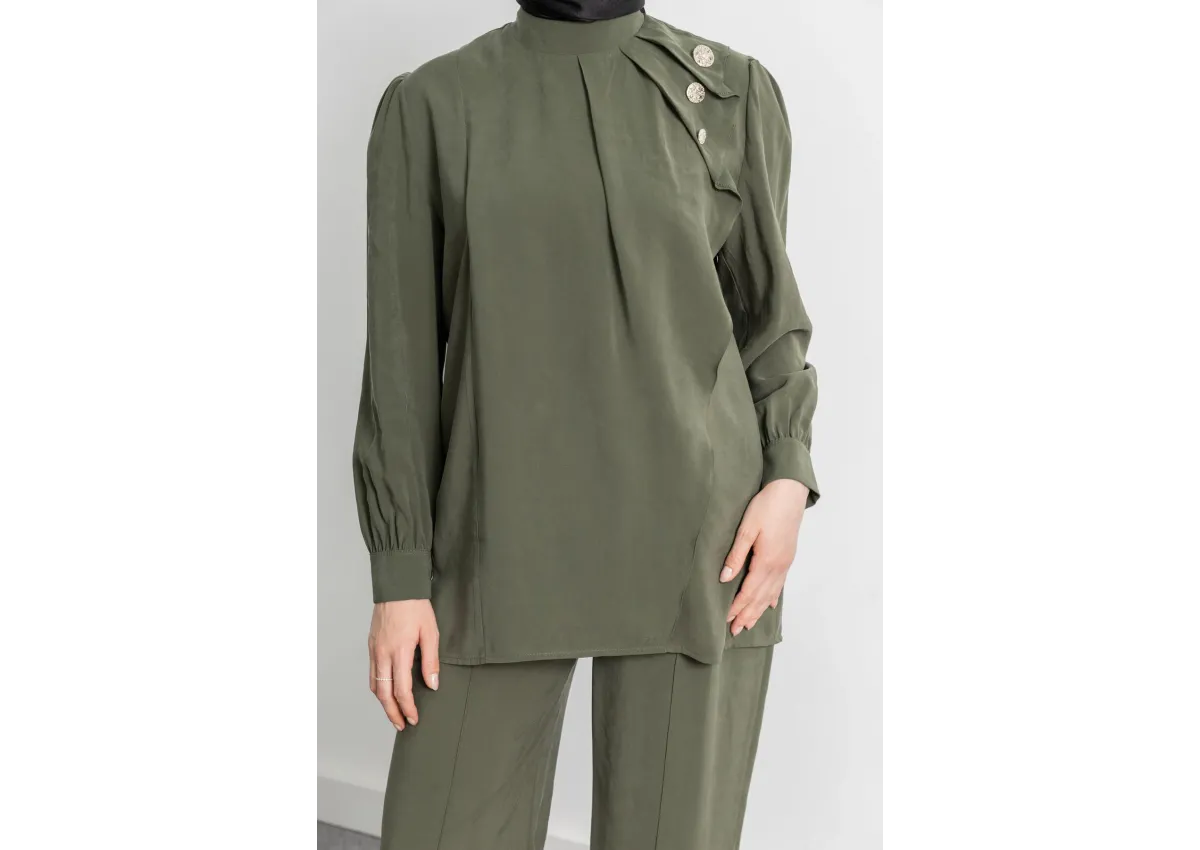 LETAFET ÖNÜ VOLAN DETAYLI PANTOLONLU TAKIM - HAKİ - (Asorti: M-XXL)