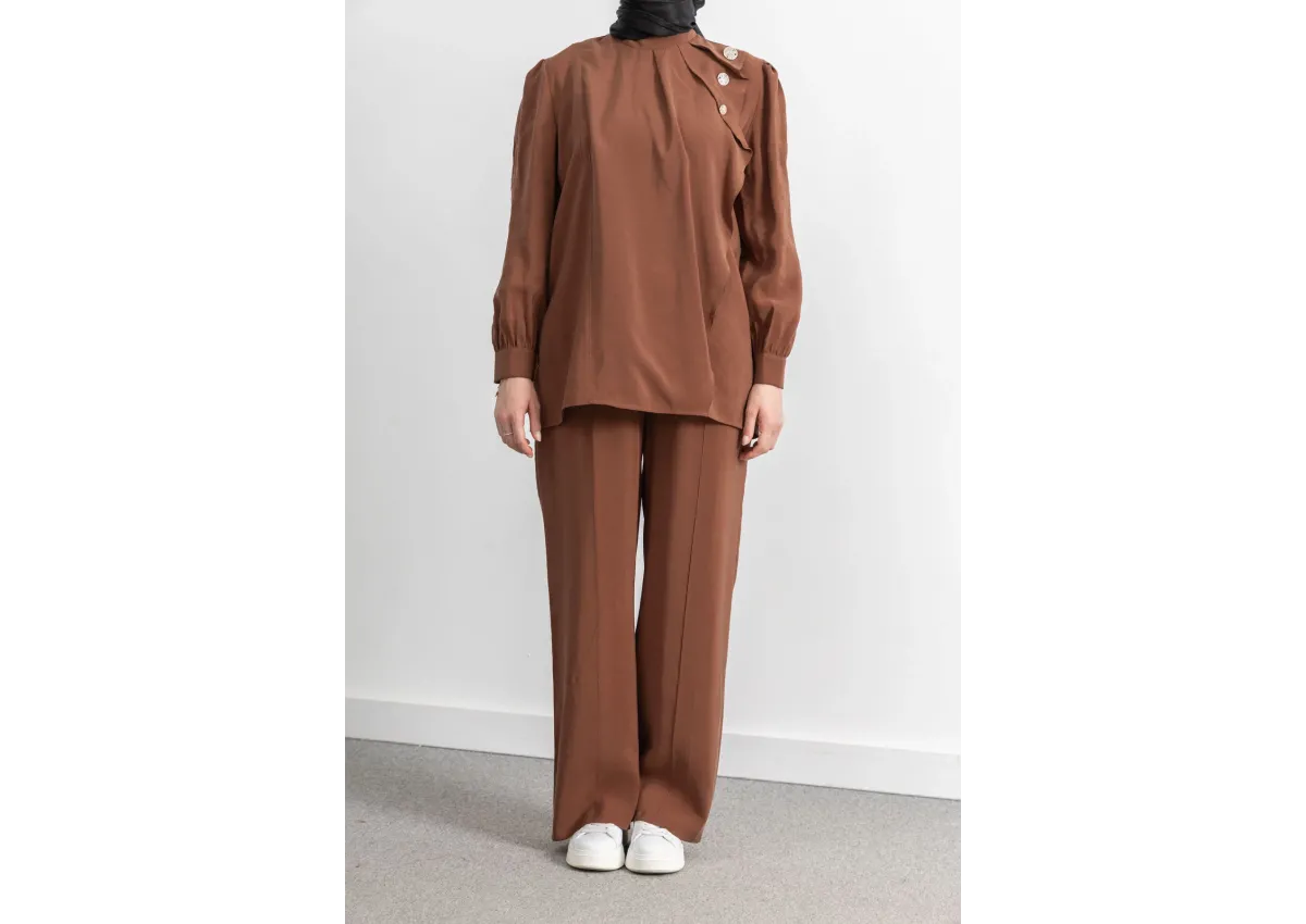 LETAFET ÖNÜ VOLAN DETAYLI PANTOLONLU TAKIM - TABA - (Asorti: M-XXL)