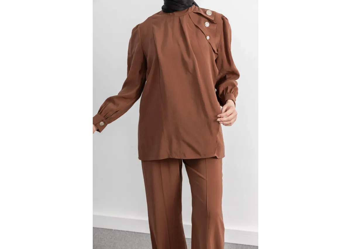 LETAFET ÖNÜ VOLAN DETAYLI PANTOLONLU TAKIM - TABA - (Asorti: M-XXL)