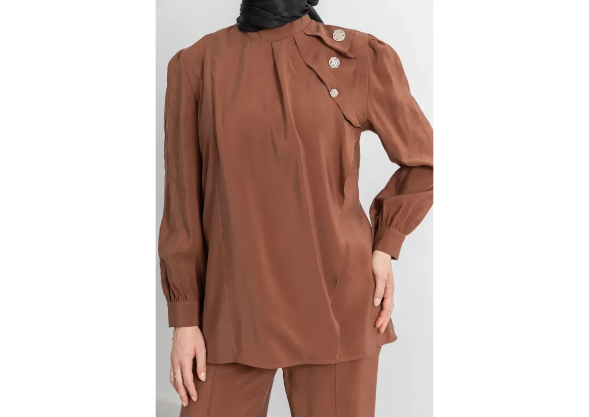 LETAFET ÖNÜ VOLAN DETAYLI PANTOLONLU TAKIM - TABA - (Asorti: M-XXL)