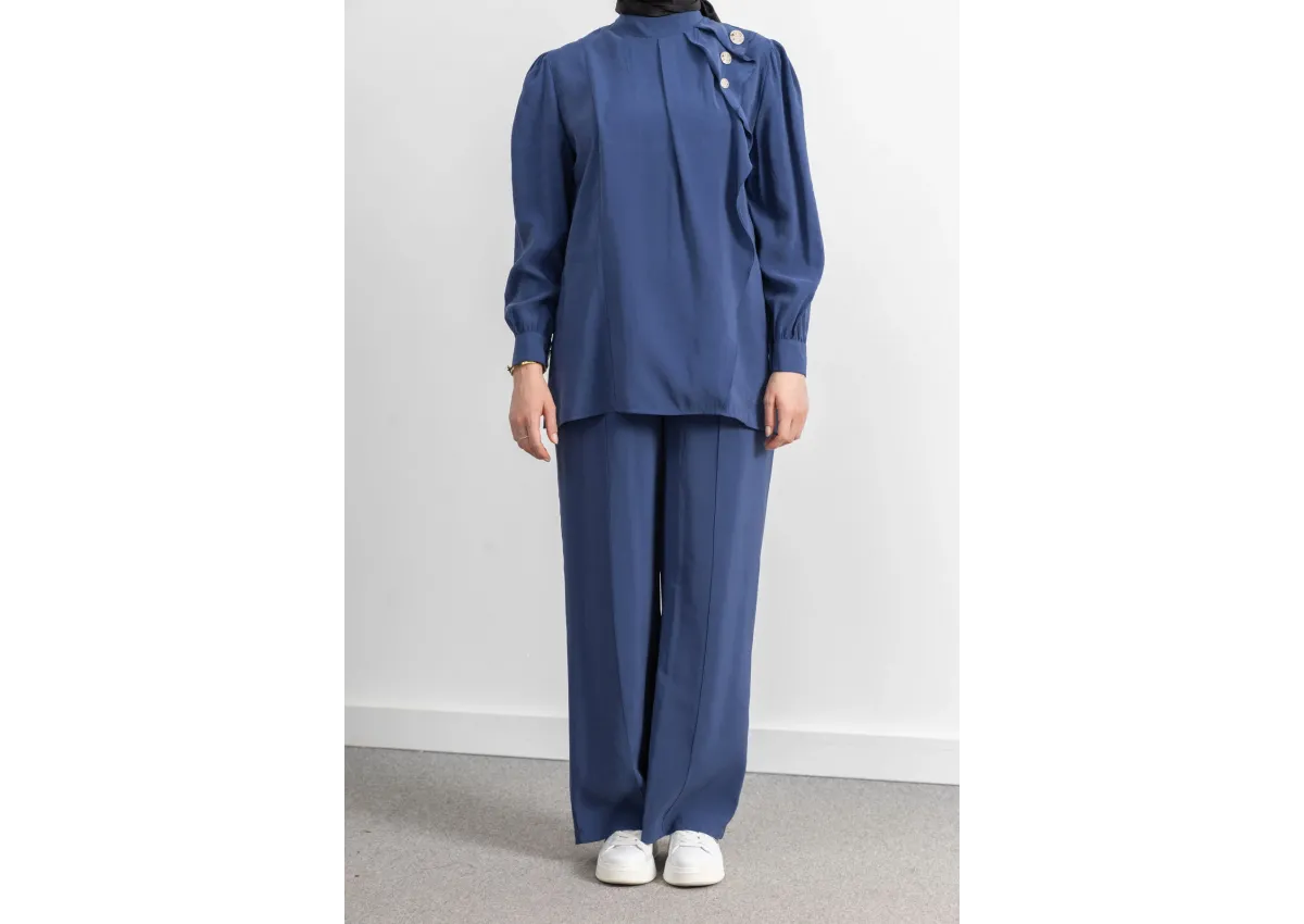 LETAFET ÖNÜ VOLAN DETAYLI PANTOLONLU TAKIM - İNDİGO - (Asorti: M-XXL)
