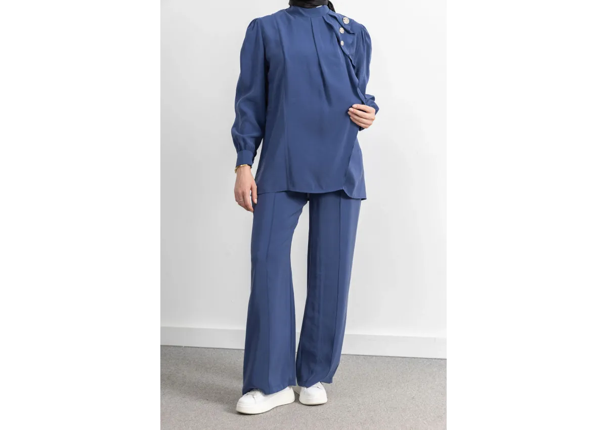 LETAFET ÖNÜ VOLAN DETAYLI PANTOLONLU TAKIM - İNDİGO - (Asorti: M-XXL)