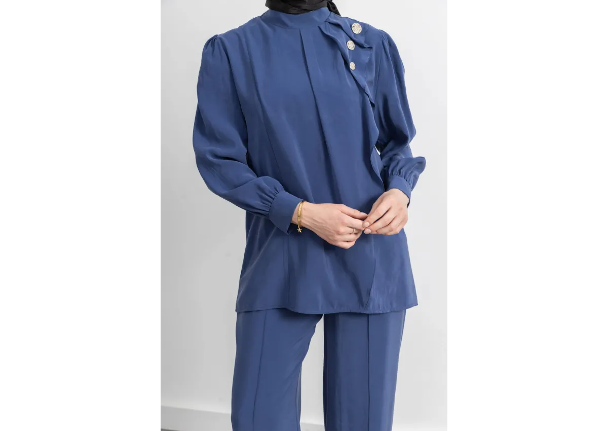 LETAFET ÖNÜ VOLAN DETAYLI PANTOLONLU TAKIM - İNDİGO - (Asorti: M-XXL)