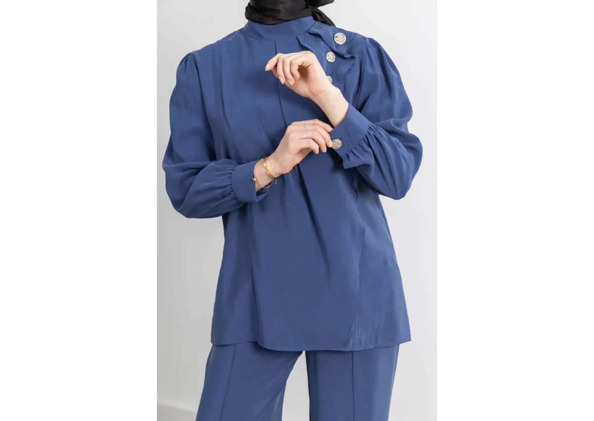 LETAFET ÖNÜ VOLAN DETAYLI PANTOLONLU TAKIM - İNDİGO - (Asorti: M-XXL)