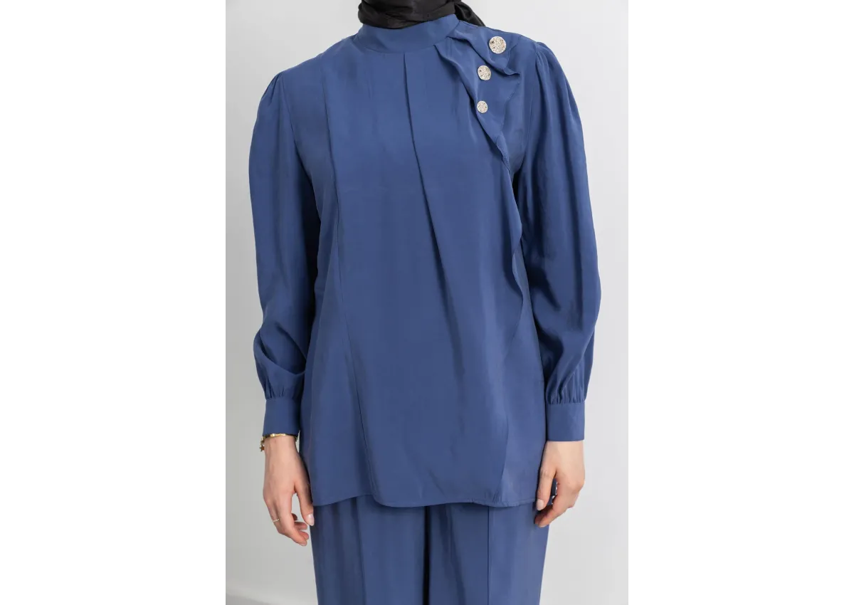 LETAFET ÖNÜ VOLAN DETAYLI PANTOLONLU TAKIM - İNDİGO - (Asorti: M-XXL)