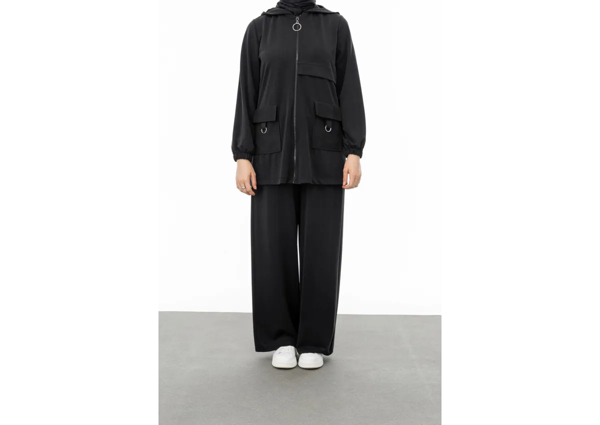 ALLERLİ CEPLERİ HALKA DETAYLI PANTOLON TAKIM - SİYAH - (Asorti: M-XXL)