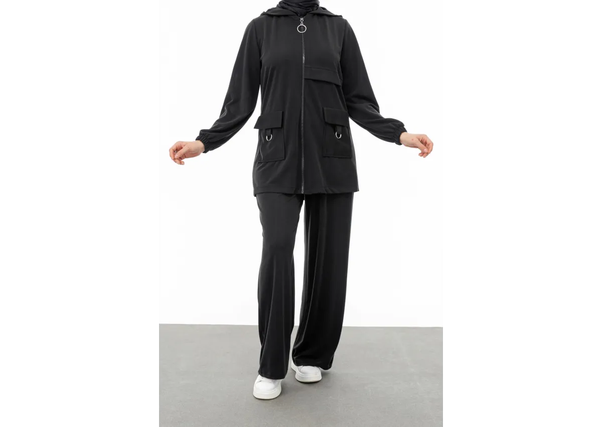 ALLERLİ CEPLERİ HALKA DETAYLI PANTOLON TAKIM - SİYAH - (Asorti: M-XXL)