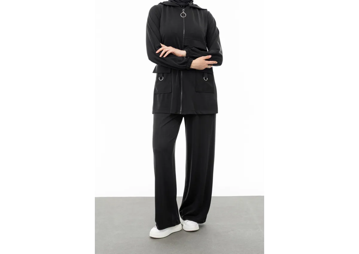 ALLERLİ CEPLERİ HALKA DETAYLI PANTOLON TAKIM - SİYAH - (Asorti: M-XXL)