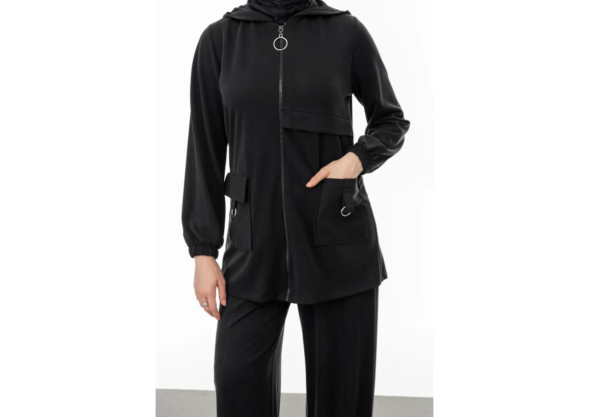 ALLERLİ CEPLERİ HALKA DETAYLI PANTOLON TAKIM - SİYAH - (Asorti: M-XXL)