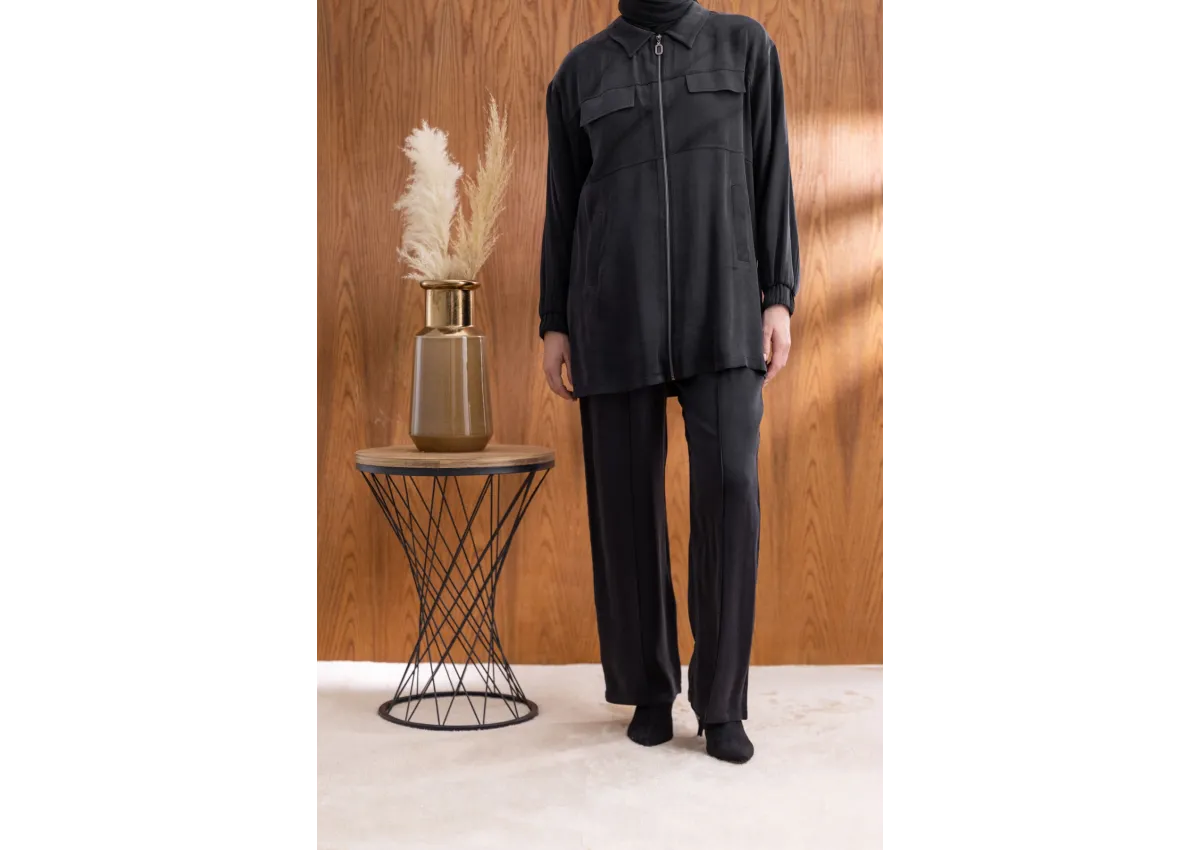 CEP KAPAKLI ÖNÜ FERMUARLI PANTOLONLU TAKIM - SİYAH - (Asorti: M-XXL)