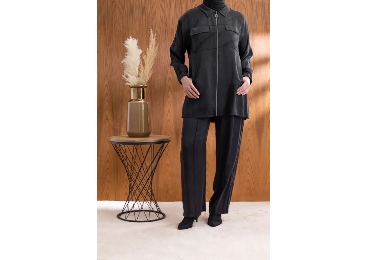 CEP KAPAKLI ÖNÜ FERMUARLI PANTOLONLU TAKIM - SİYAH - (Asorti: M-XXL)